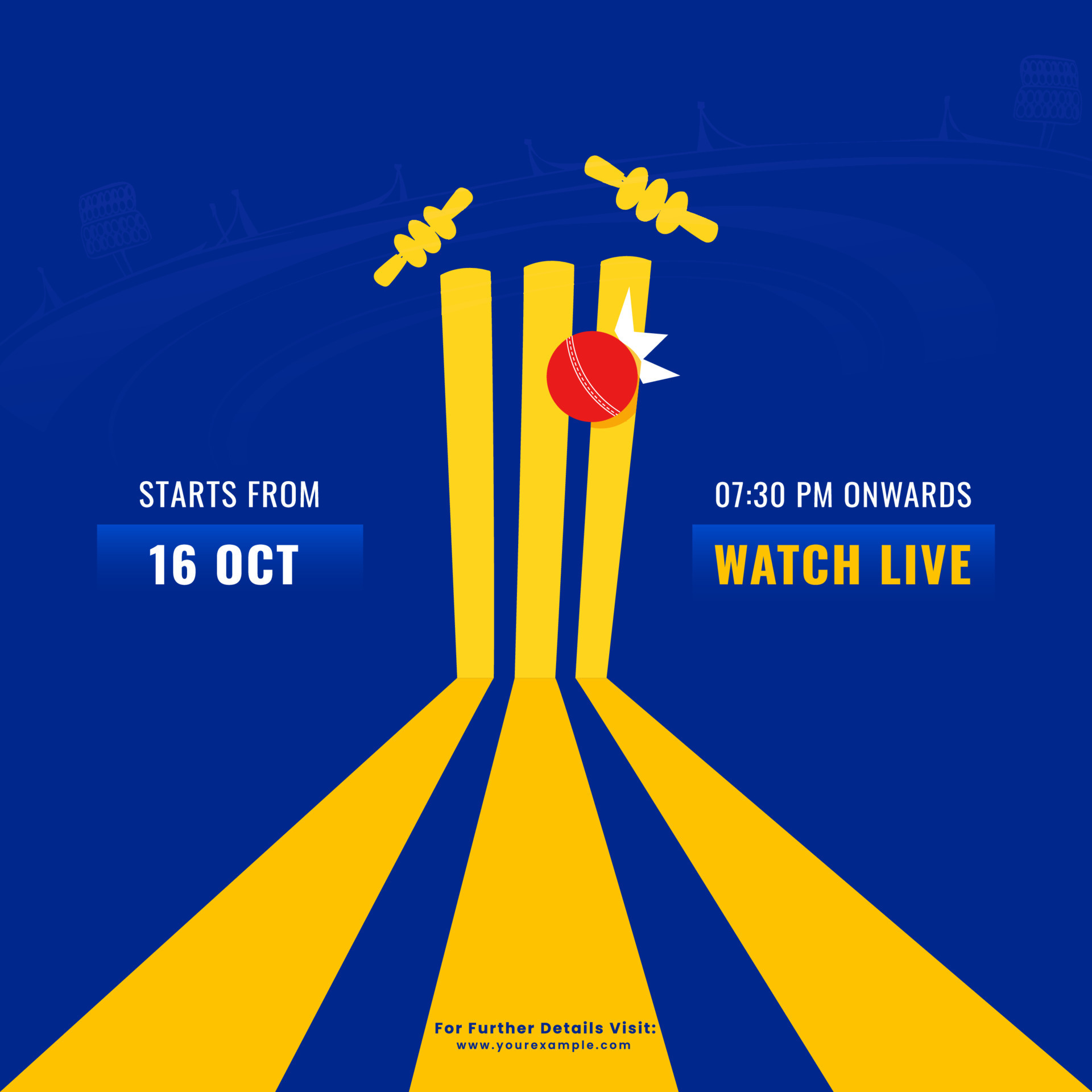 Watch Live Cricket Match Concept With Red Ball Hitting Wicket Stamp On Blue And Yellow Background