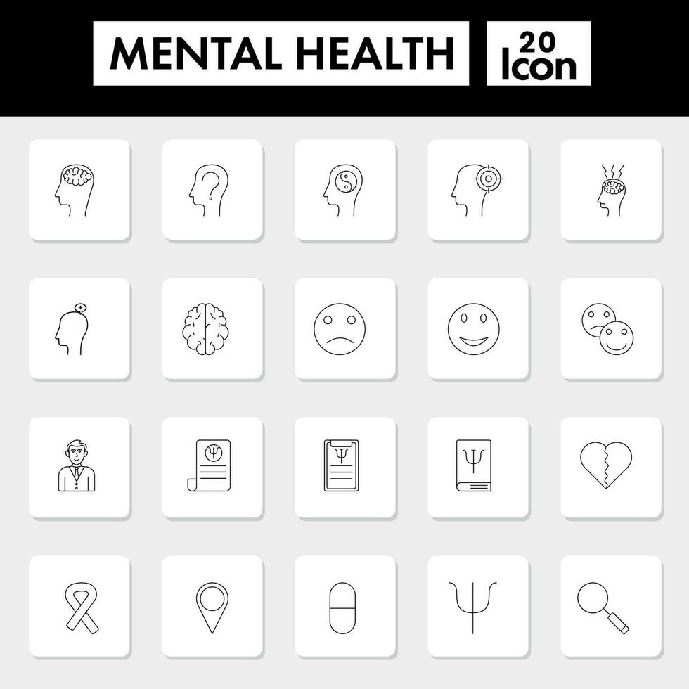 Black Thin Line Art Of Mental Health Square Icon Set. vector