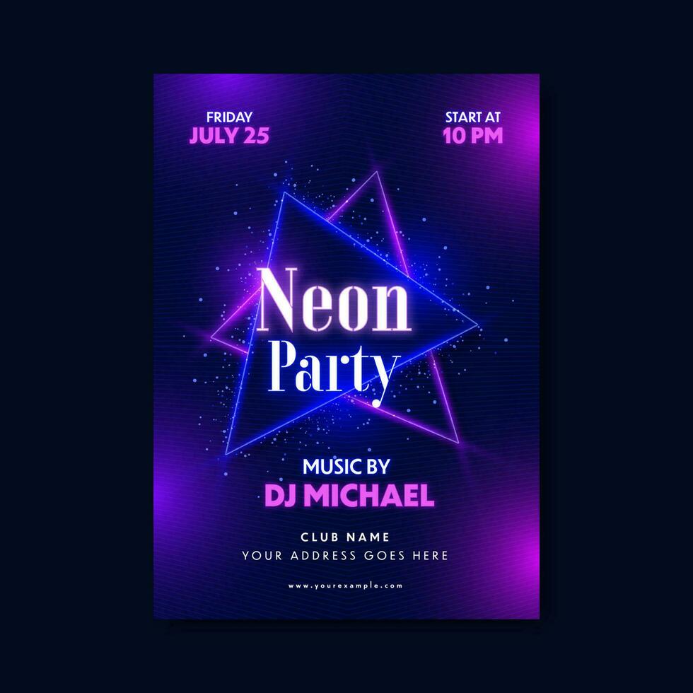 Neon Party Flyer Or Template Design With Shiny Triangle Frames And Event Details On Blue And Purple Stripe Background. vector