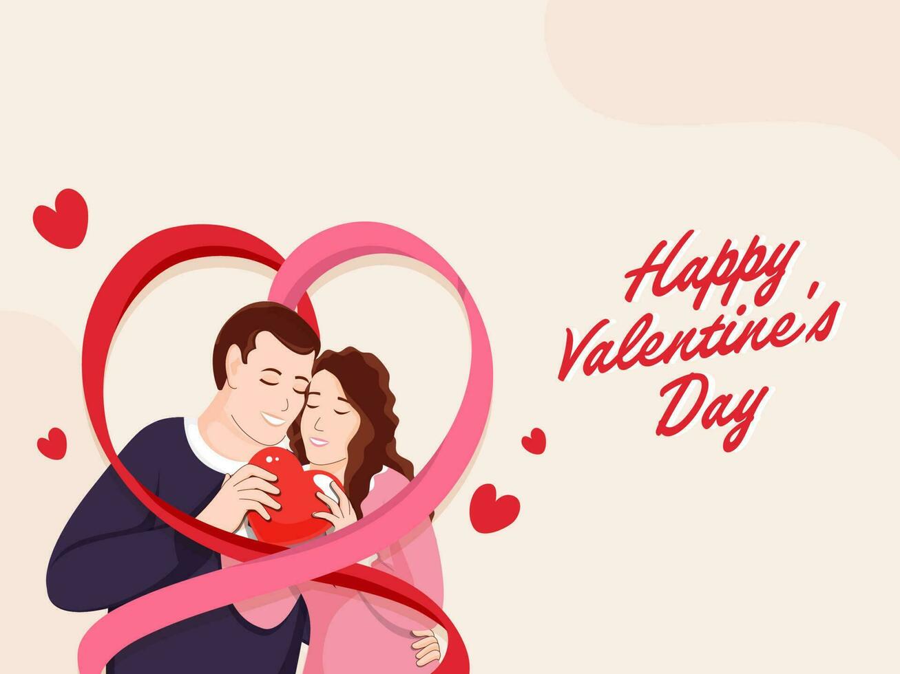 Happy Valentine's Day Poster Design With Romantic Couple In Heart Shape Making By Ribbon On Cosmic Latte Background. vector