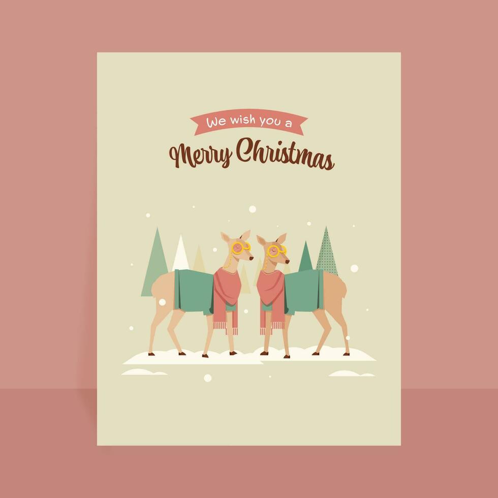 Merry Christmas Greeting Card With Cute Couple Reindeer, Xmas Tree And Snow On Beige Background. vector