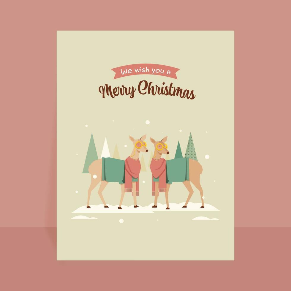 Merry Christmas Greeting Card With Cute Couple Reindeer, Xmas Tree And Snow On Beige Background. vector