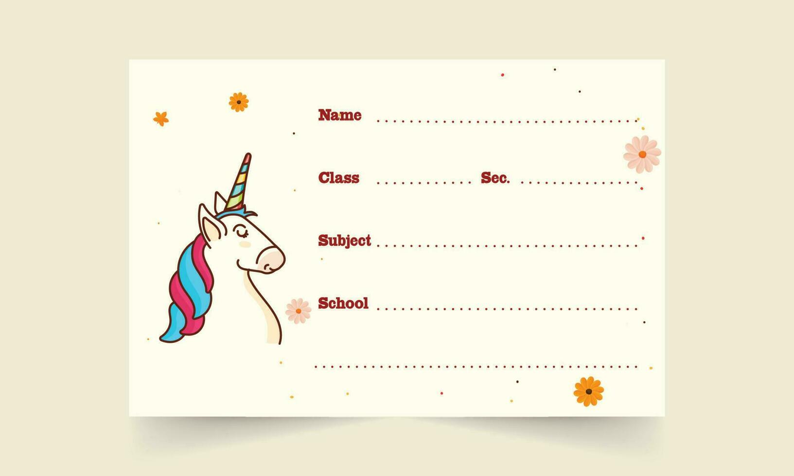 Unicorn Cartoon Notebook Label Or Name Tag On Beige Background. vector