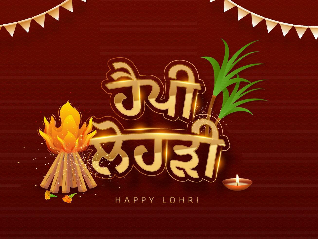 Sticker Style Golden Happy Lohri Punjabi Text With Bonfire, Sugarcane, Lit Oil Lamp And Bunting Flags Decorated On Dark Red Background. vector
