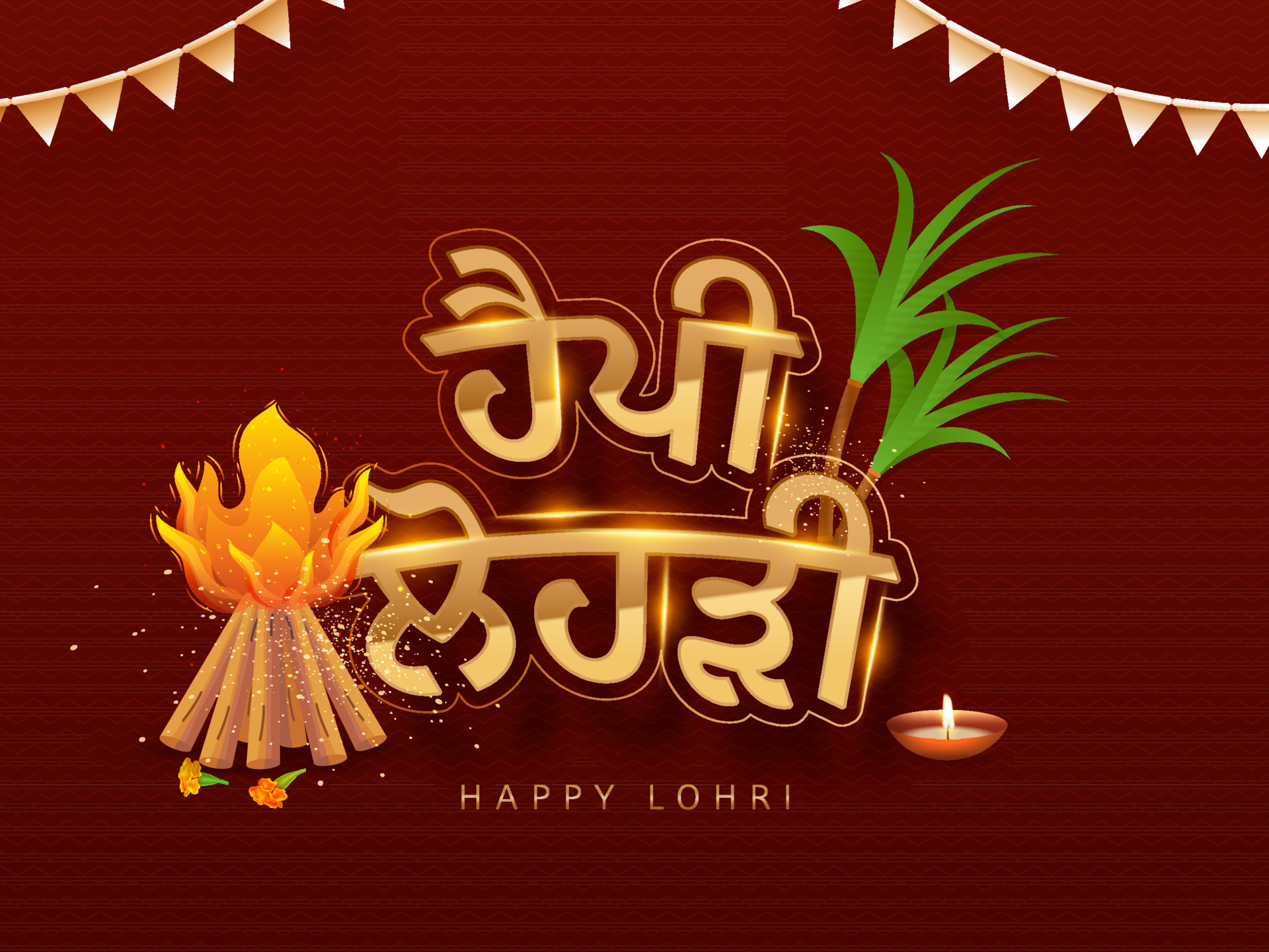 Sticker Style Golden Happy Lohri Punjabi Text With Bonfire, Sugarcane
