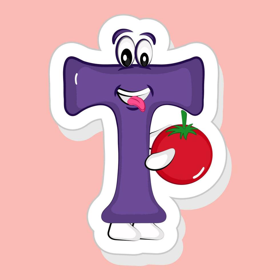 Sticker Style Purple T Alphabet Cartoon Character Holding Tomato On Pink Background. vector