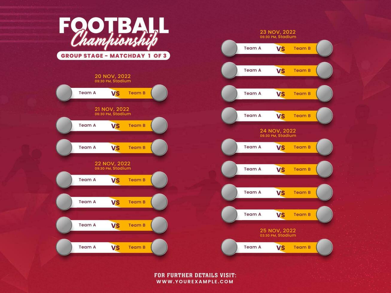 Football Champions League Group Stage Matchday Schedule On Gradient Red And Pink Silhouette Players Background. vector