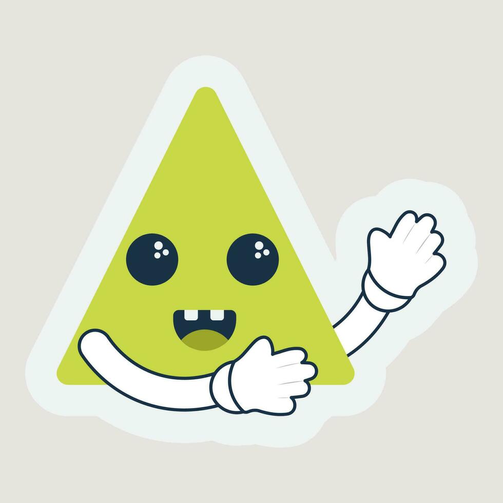 Sticker Style Cheerful Green Triangle Cartoon In Dancing Pose On Grey Background. vector