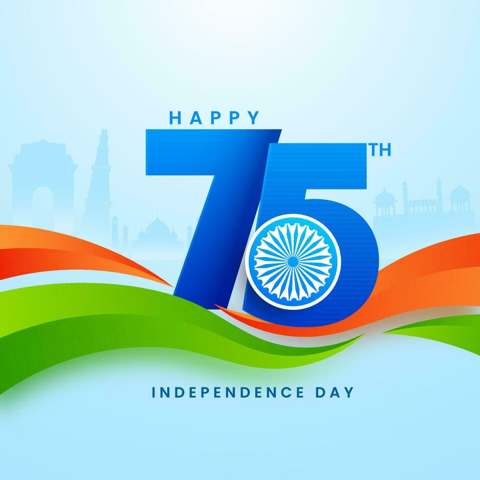 75 Years of Indian Independence Day Celebration Concept with Ashoka Wheel and Saffron and Green Waves on Famous Monuments Background. vector