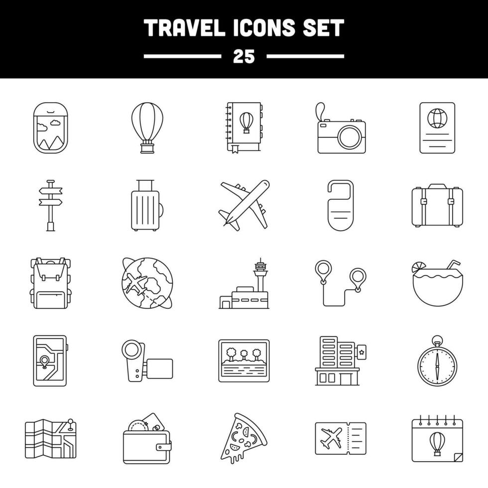 Black Stroke Of 25 Travel Icon Or Symbol Set. vector