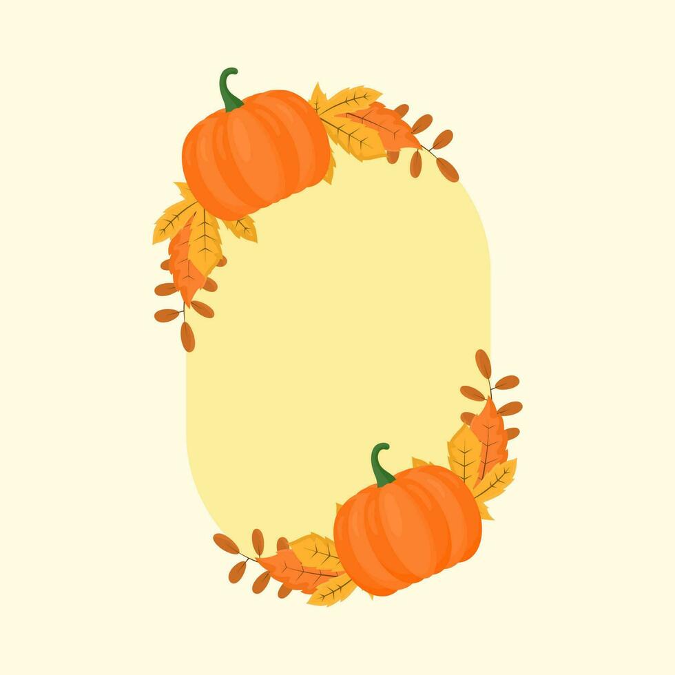 Flat Pumpkins With Autumn Leaves Decorative Oval Yellow Frame And Copy Space. vector