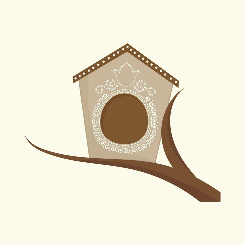 Birdhouse Over Branch Element On Cosmic Latte Background. vector