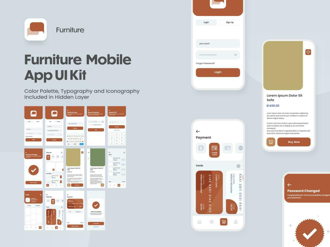 Furniture Mobile App UI Kit with Multiple Screens as Log in, Create Account, Profile, Order and Payment. vector