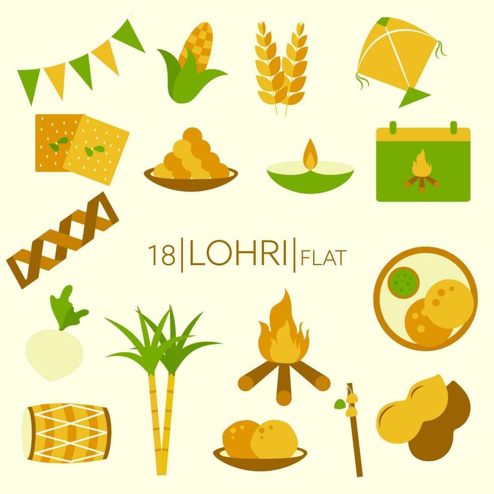 Isolated Colorful Lohri - 18 Icon Set In Flat Style. vector