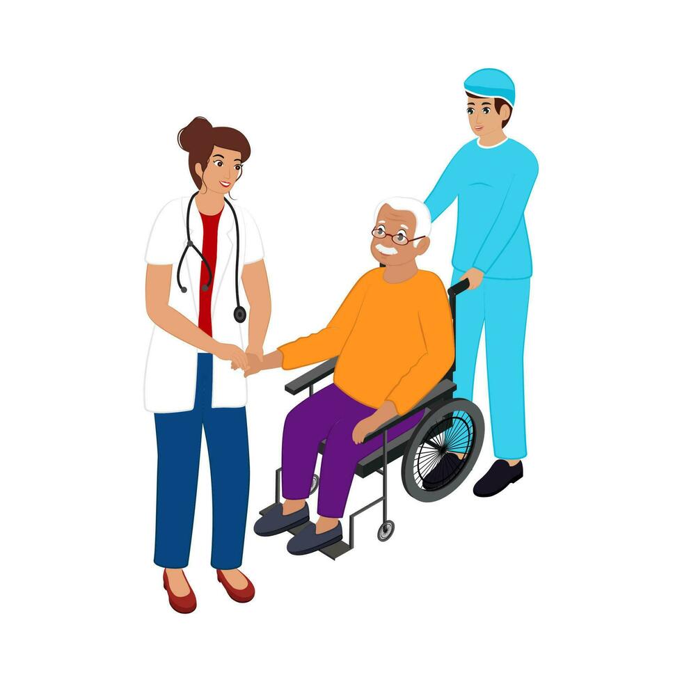 Female Doctor Examining To Senior Patient At Wheelchair With Ward Boy On White Background. vector