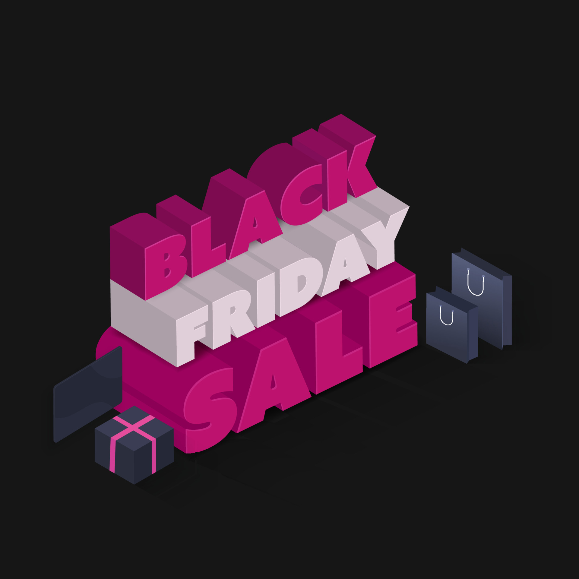 3D Render Pink Black Friday Sale Text With Shopping Bags, Gift Box And