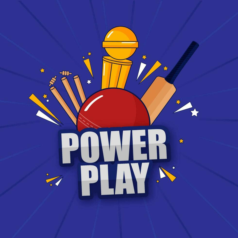 Sticker Style Power Play Text With Cricket Tournament On Blue Rays Background. vector