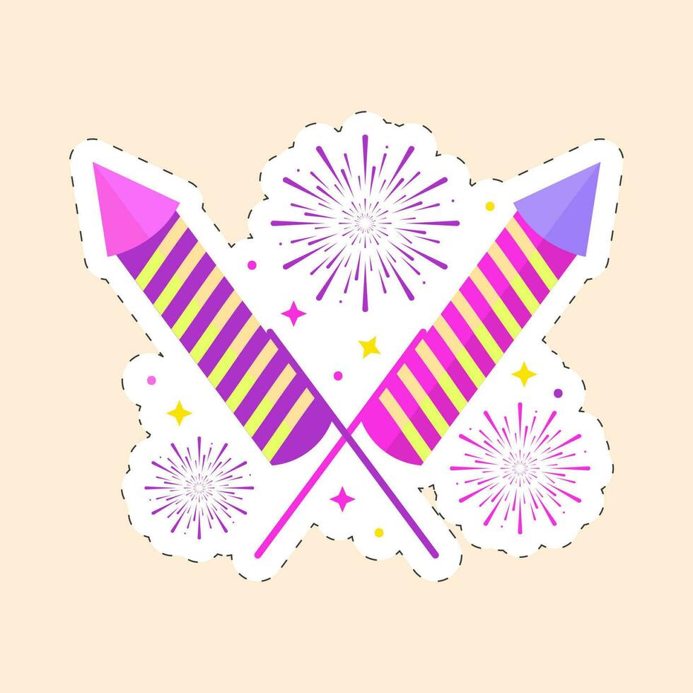 Sticker Style Pink And Yellow Cross Firecracker Rocket With Firework Blast Background. vector