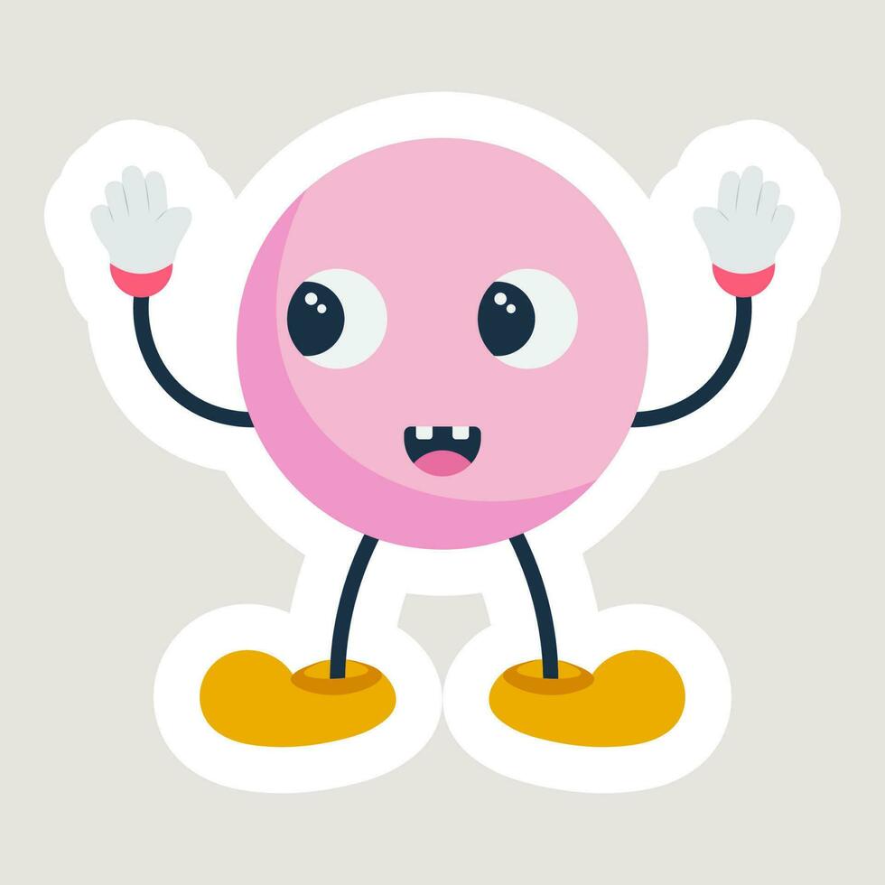 Isolated Sticker Of Cheerful Pink Circle Shape Cartoon With Hands Up Over Grey Background. vector