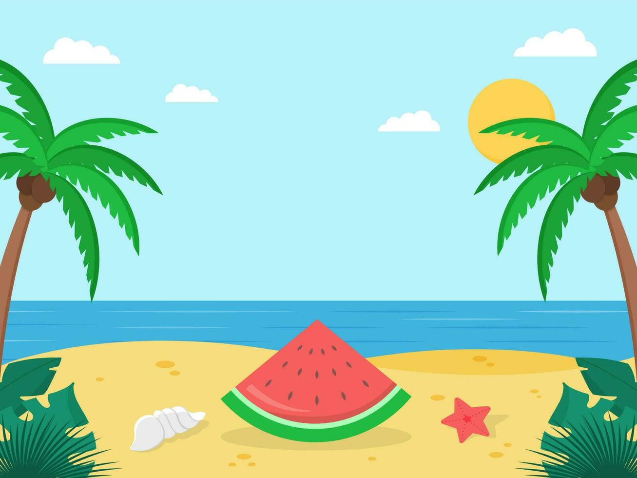 Summertime, travelling concept, beach background, shiny sun, palm trees and watermelon. Flat style illustration for summer holidays. vector