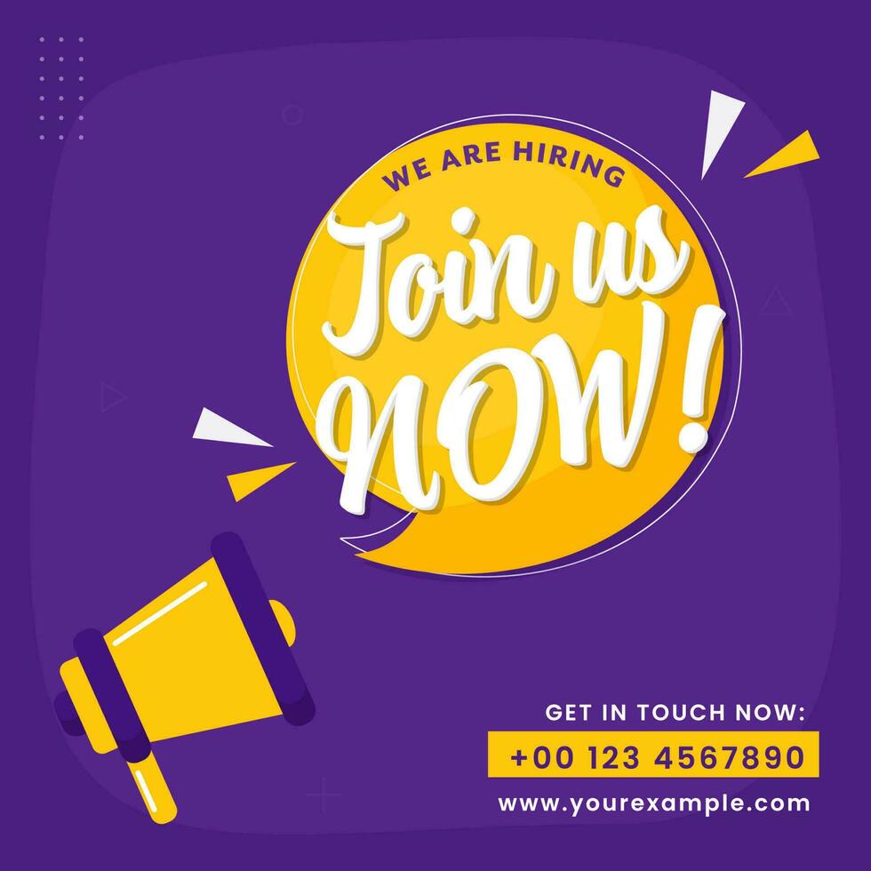 Hiring or Recruitment Advertising can be used as poster, job hiring announcement on social media, banner, flyer. Vacancies template, with yellow speech bubble and loudspeaker on purple background. vector