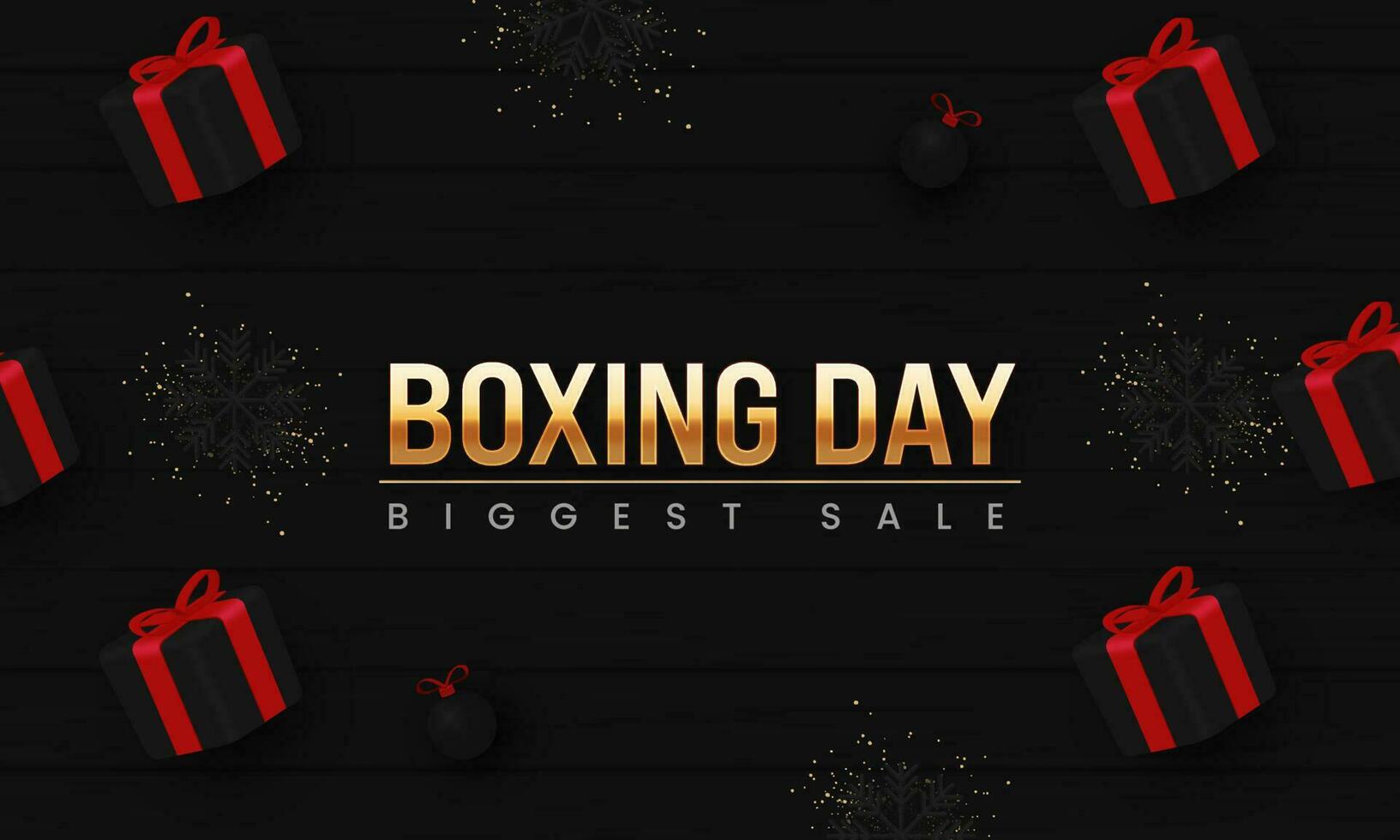 Biggest Boxing Day Sale Banner Design With Realistic Gift Boxes, Snowflakes, Baubles And Glitter Effect On Black Background. vector