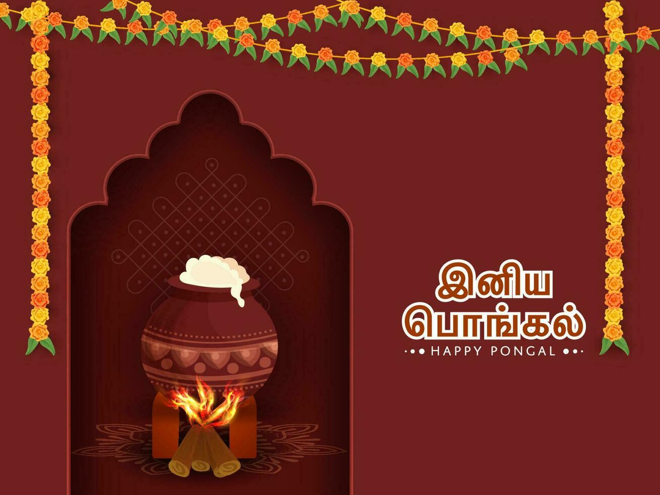Sticker Style Happy Pongal Text Written In Tamil Language With Cooking Food Pot Over Firewood And Floral Garland Decorated On Burnt Umber Kolam Background. vector