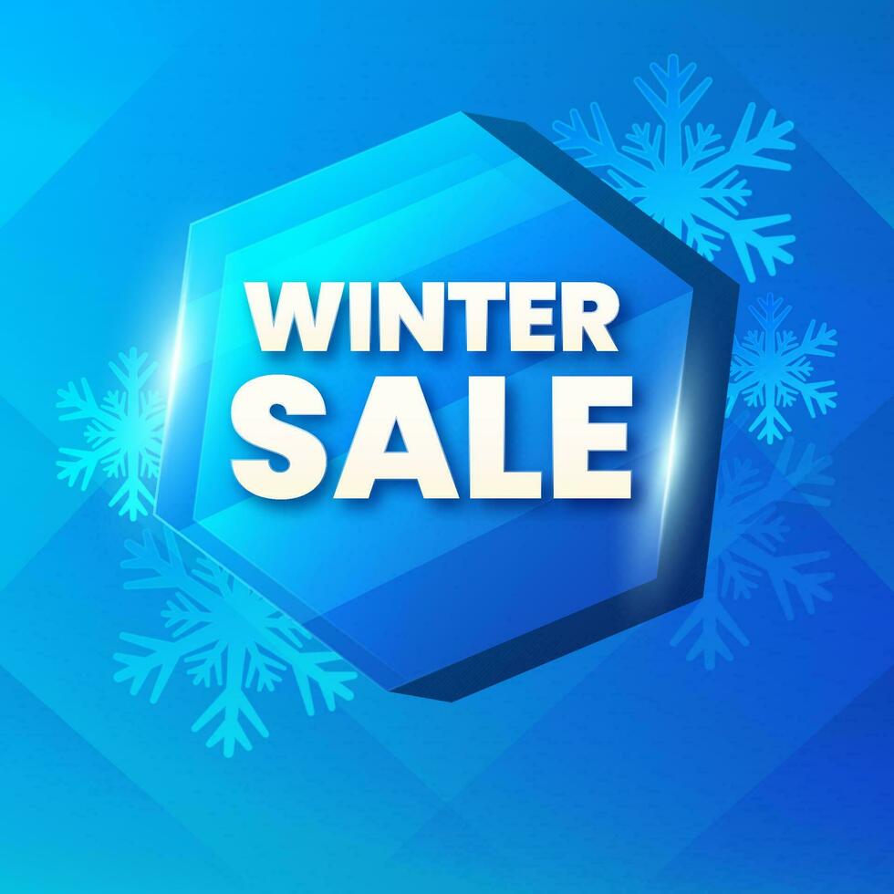 Winter Sale Poster Design With 3D Shiny Hexagon Frame And Snowflakes On Blue Background. vector