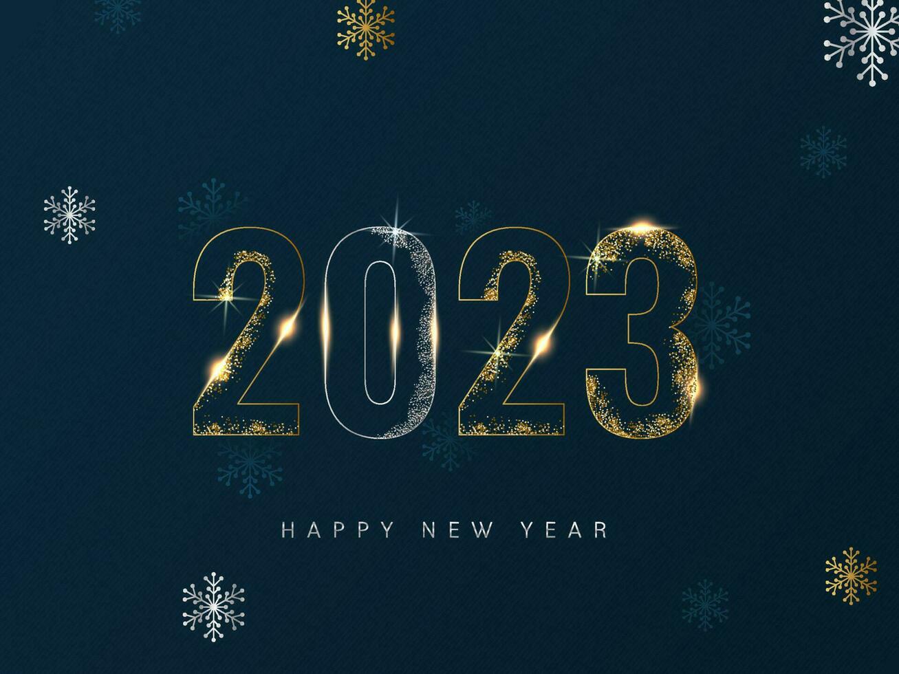 Golden And Silver Glittering 2023 Number With Snowflakes Decorated On Teal Blue Background For Happy New Year Concept. vector