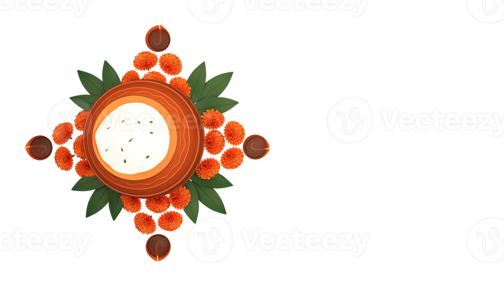 Top View Mud Pot Full Of Pongal Dish Over Floral Rangoli With Lit Oil Lamps Element In 3D Render. png