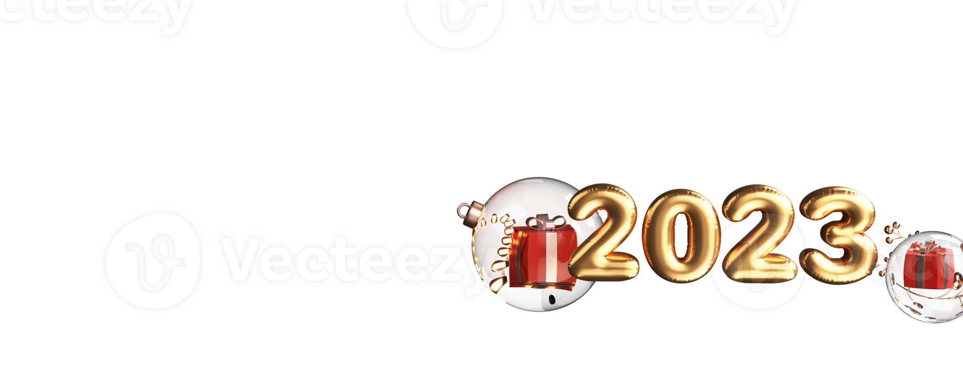 3D Render Of Golden Foil 2023 Number With Gift Boxes Inside Transparent Ball Or Bauble, Berry Stem And Lighting Garland Against Background. png