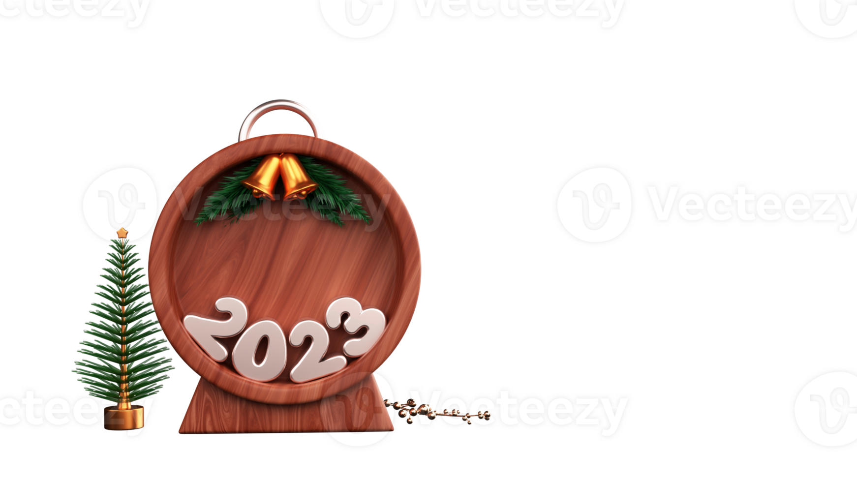 3D Render Of 2023 Number In Plank Round Frame Stand With Golden Jingle Bells, Fir Leaves, Berry Stem And Xmas Or Spruce Tree. png