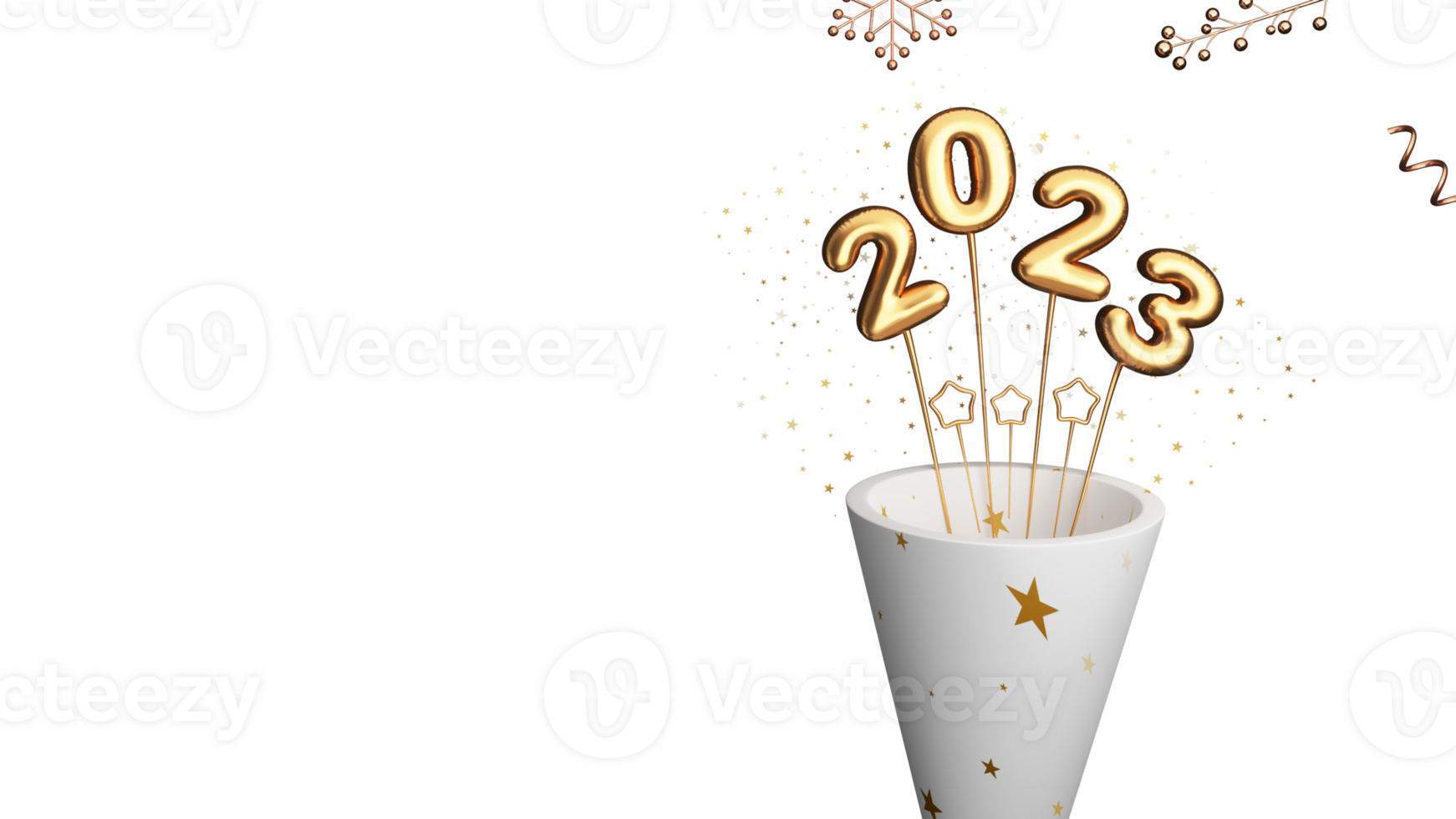 3D Render Golden Foil 2023 Number With Star Sticks Popping Out From Party Cone. png