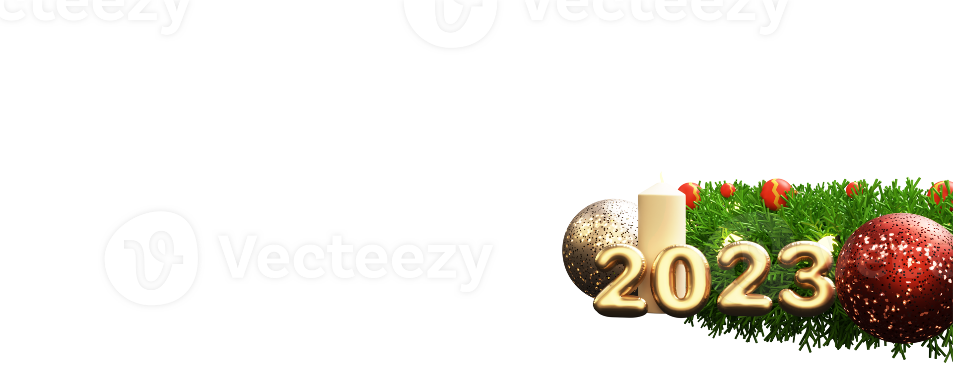 3D Render Of Golden Foil 2023 Number With Glitter Balls, Lit Candle, Baubles And Fir Leaves Against Background. png