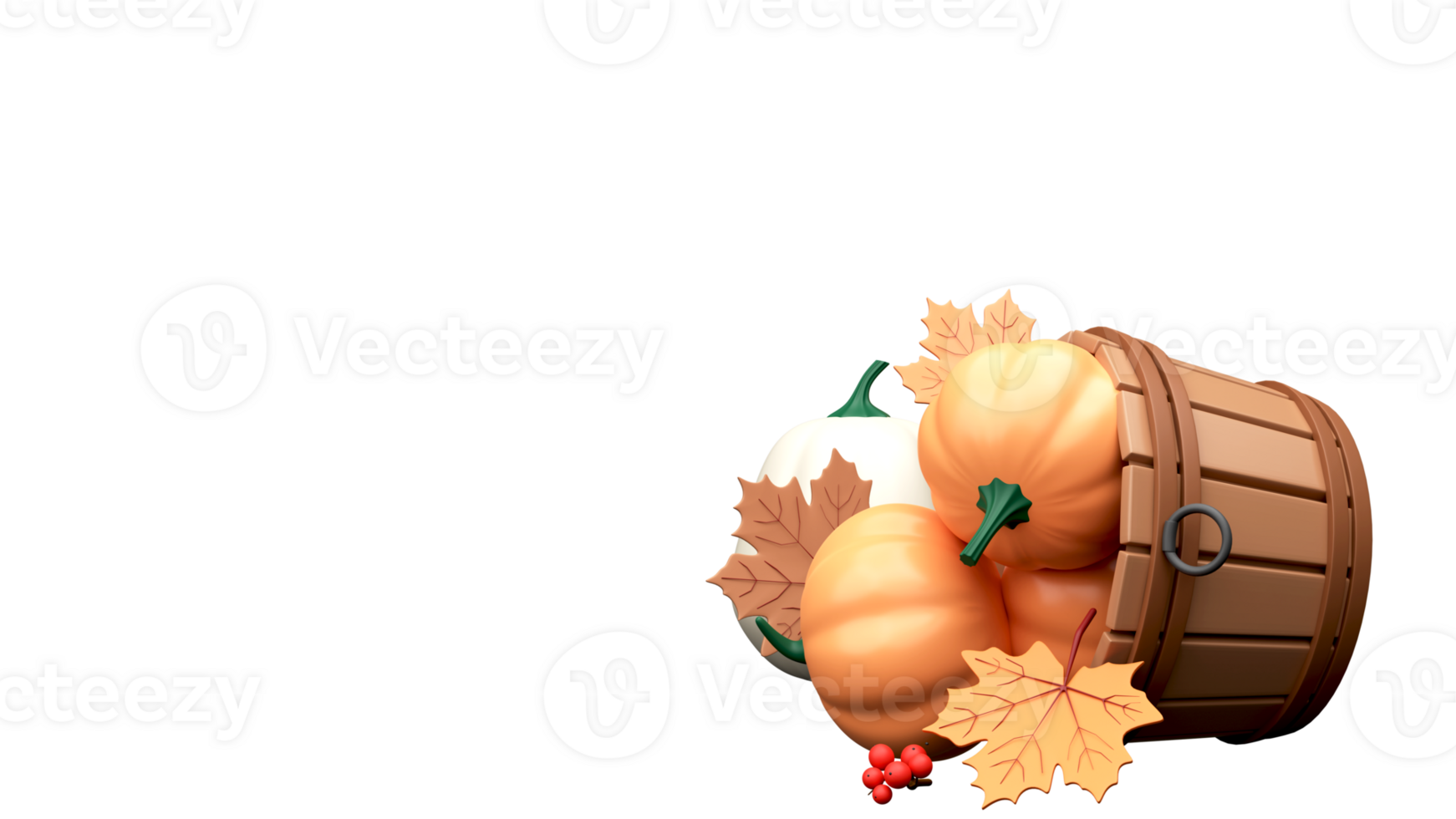 3D Render Wood Basket Full Of Pumpkin With Maple Leaves, Berries And Copy Space Against Background. png
