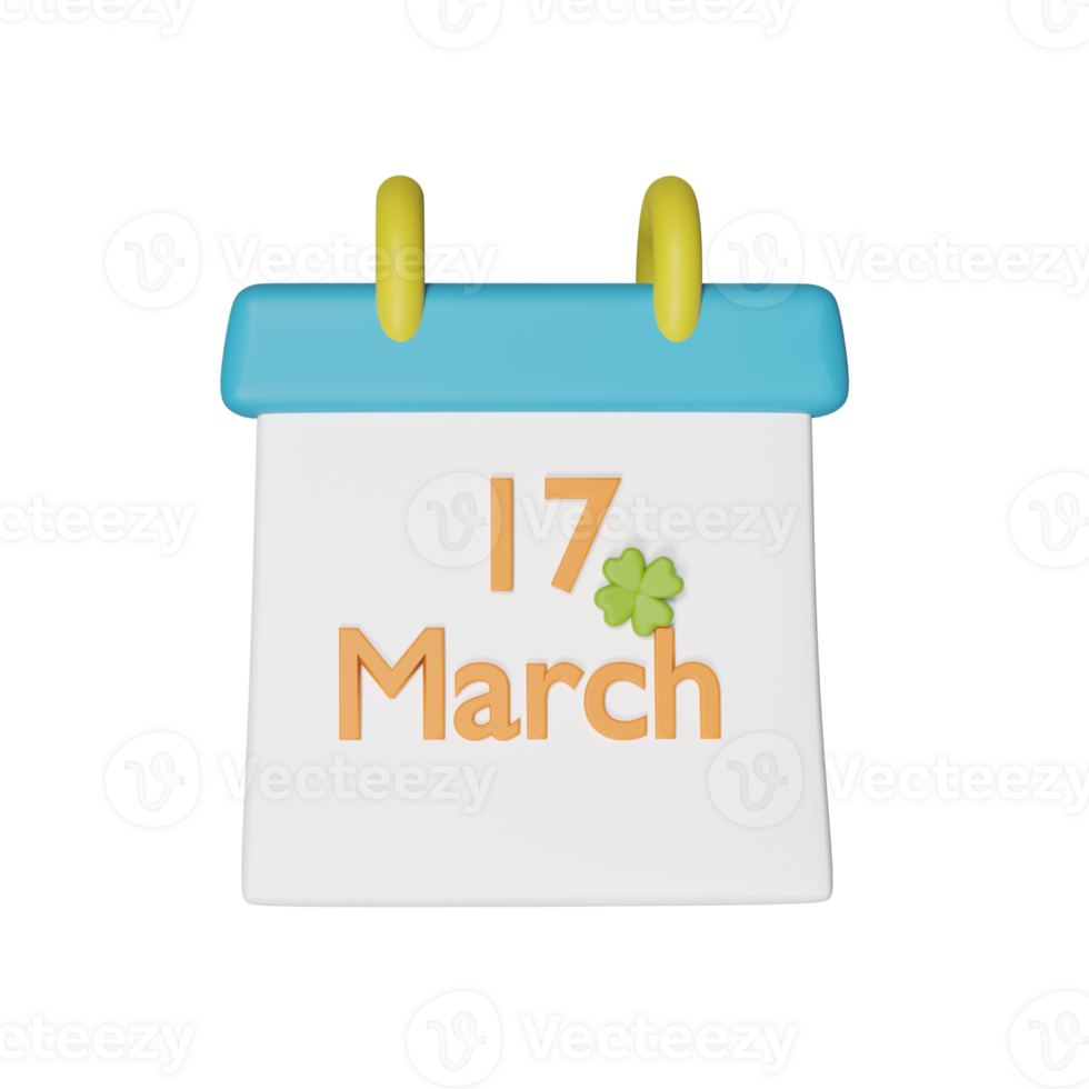 3d rendere di 17 marzo testo con trifoglio foglia nel calendario per st Patrick giorno elemento. png
