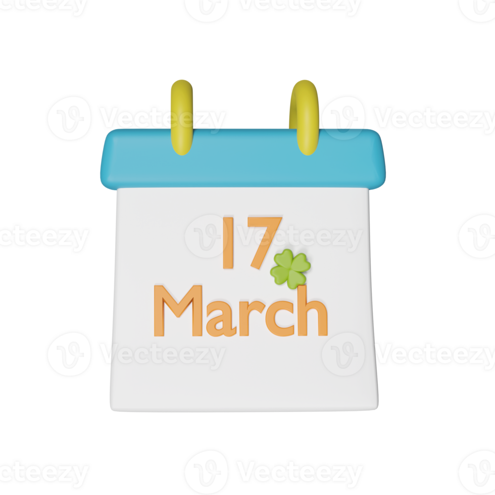 3d hacer de 17 marzo texto con trébol hoja en calendario para S t patrick's día elemento. png