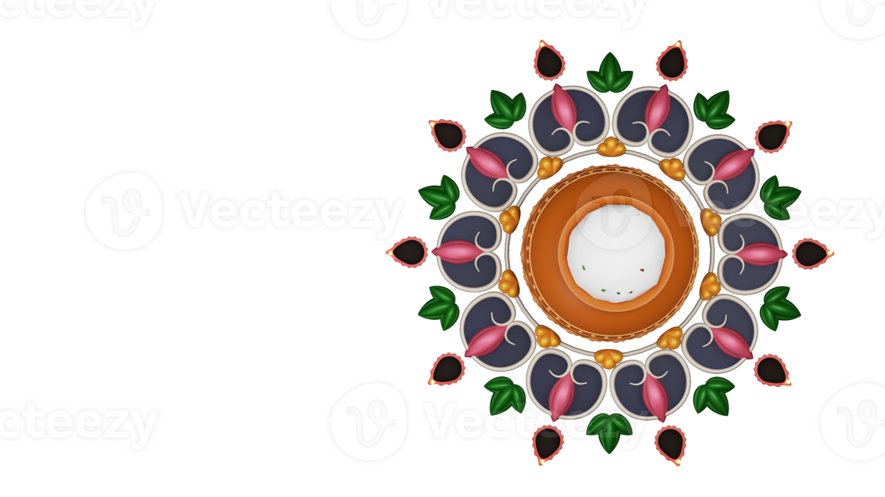 Top View Of Pongali Rice In Clay Pot Over Kolam Decorated By Lit Oil Lamps In 3D Render. png