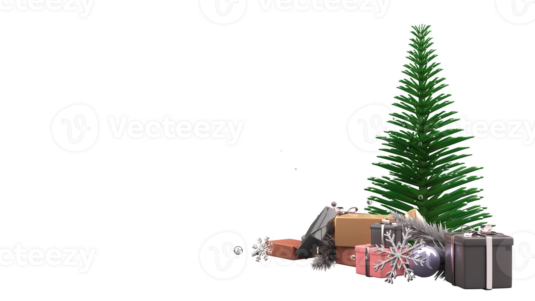 3D Render Of Xmas Or Spruce Tree With Gift Boxes, Silver Snowflakes, Bauble Decorated Background And Copy Space. png