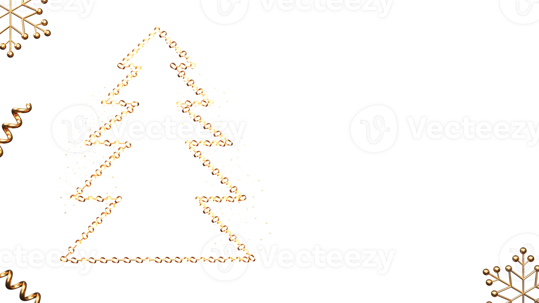 Christmas Tree Made By Lighting Garland With Golden Curl Ribbon, Snowflakes Decorated Background And Copy Space. png