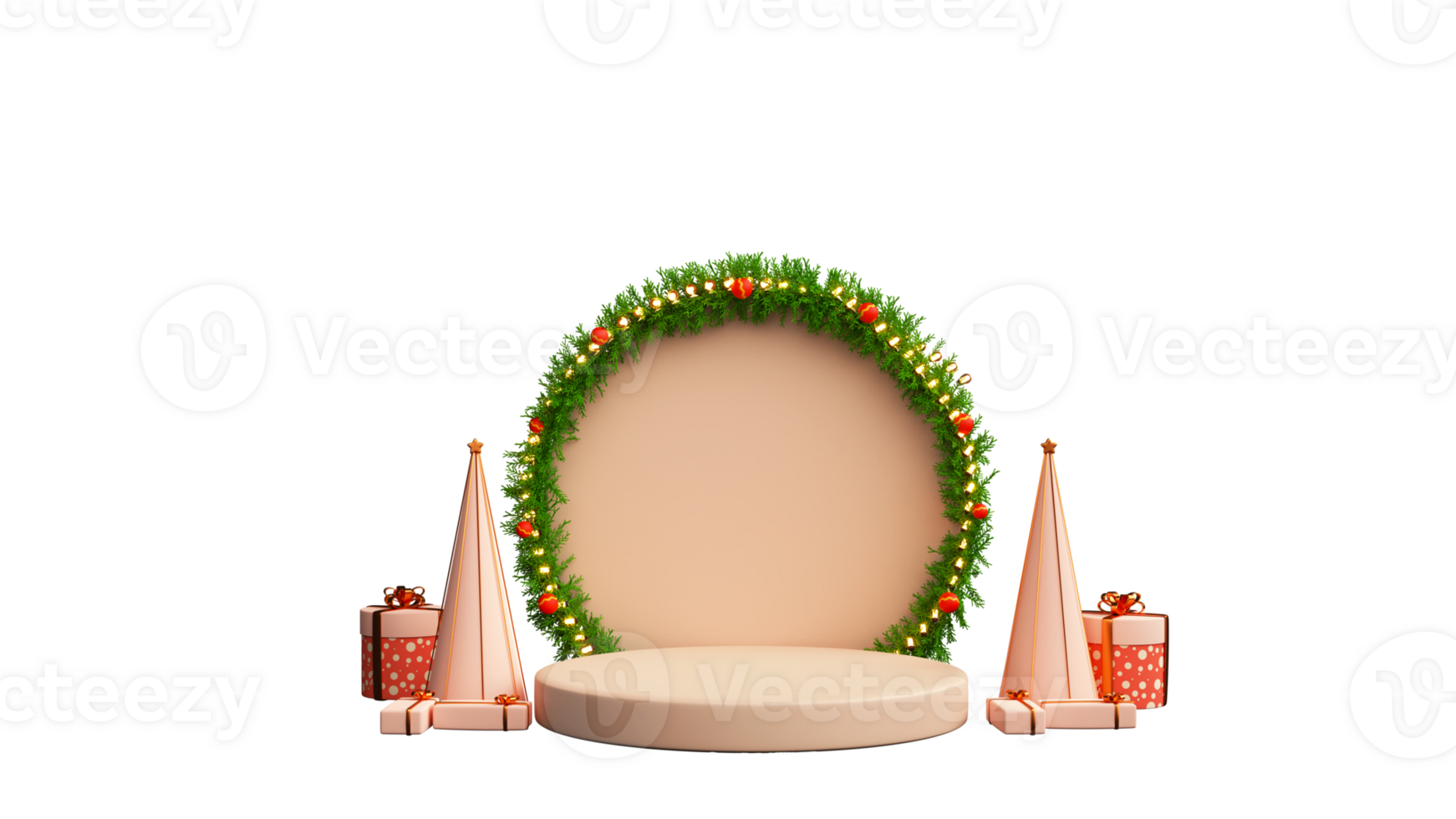3D Rendering Of Empty Decorative Circular Frame With Xmas Tree And Gift Boxes Decorated Background. png