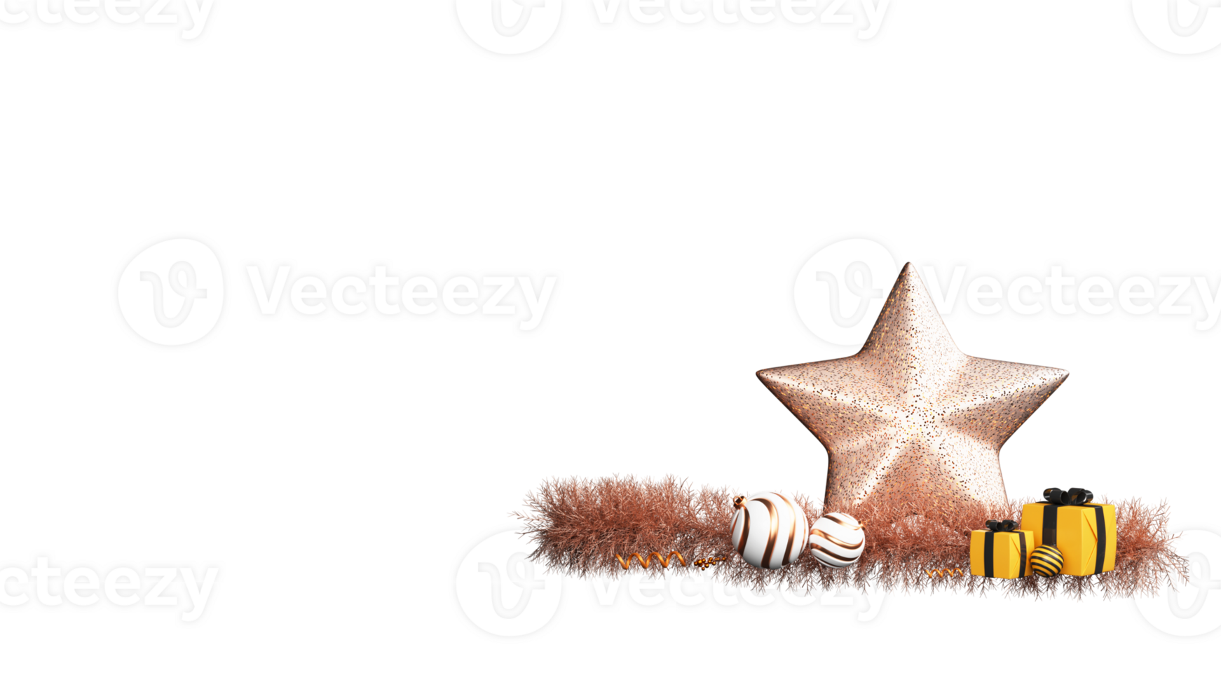 3D Rendering Star With Baubles, Gift Boxes, Tinsel Garland Against Background And Copy Space. png
