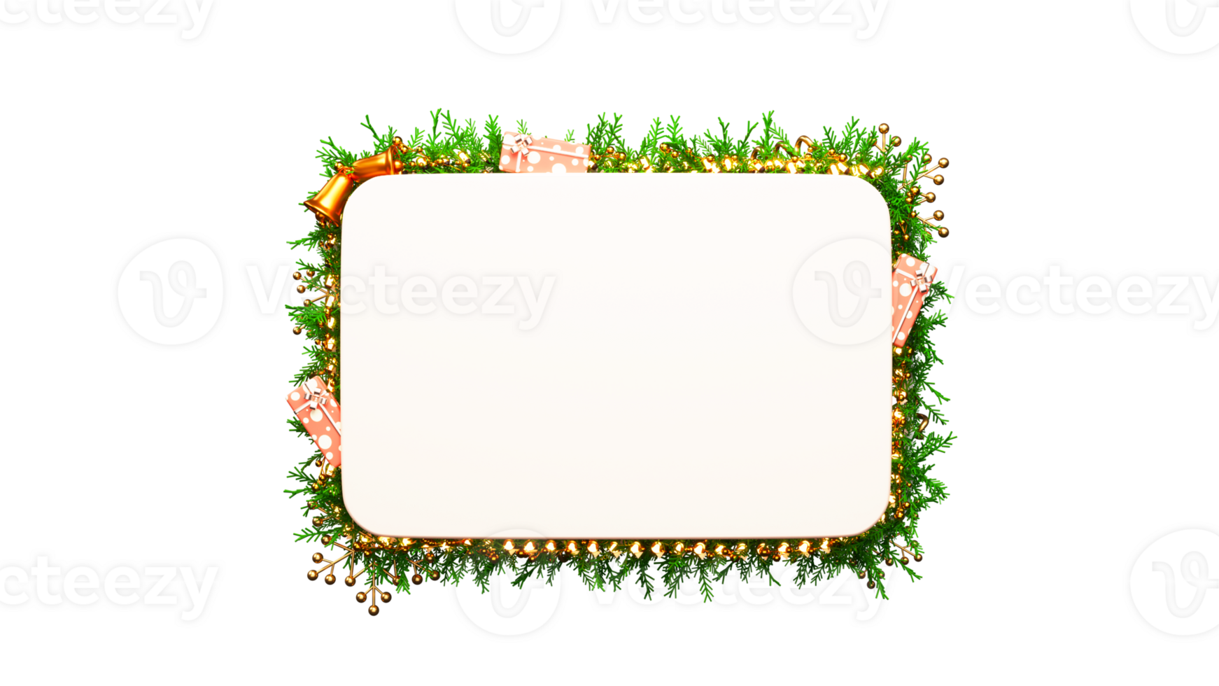 3D Rendering Of Empty Square Frame Decorated By Lighting Garland, Golden Jingle Bell, Gift Boxes, Berries, Fir Leaves Against Background. png