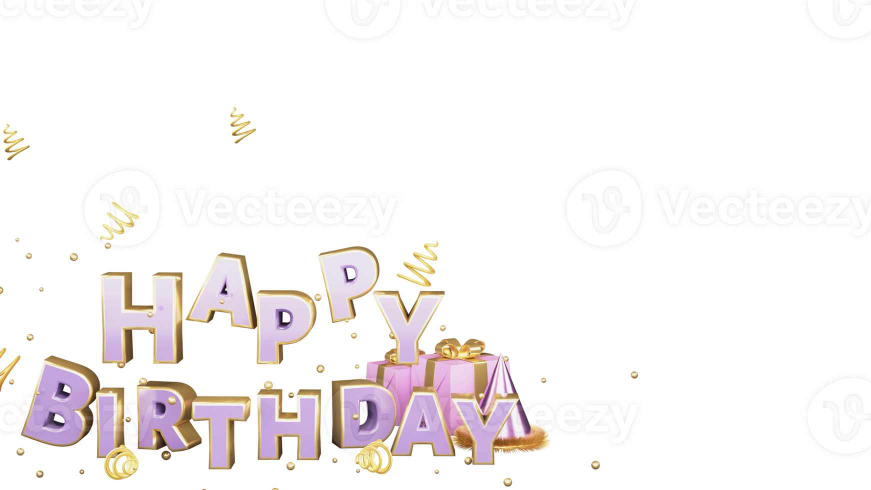 3D Happy Birthday Text With Gift Boxes, Party Hat, Golden Tiny Balls And Spiral Ribbon Decorated Background. png