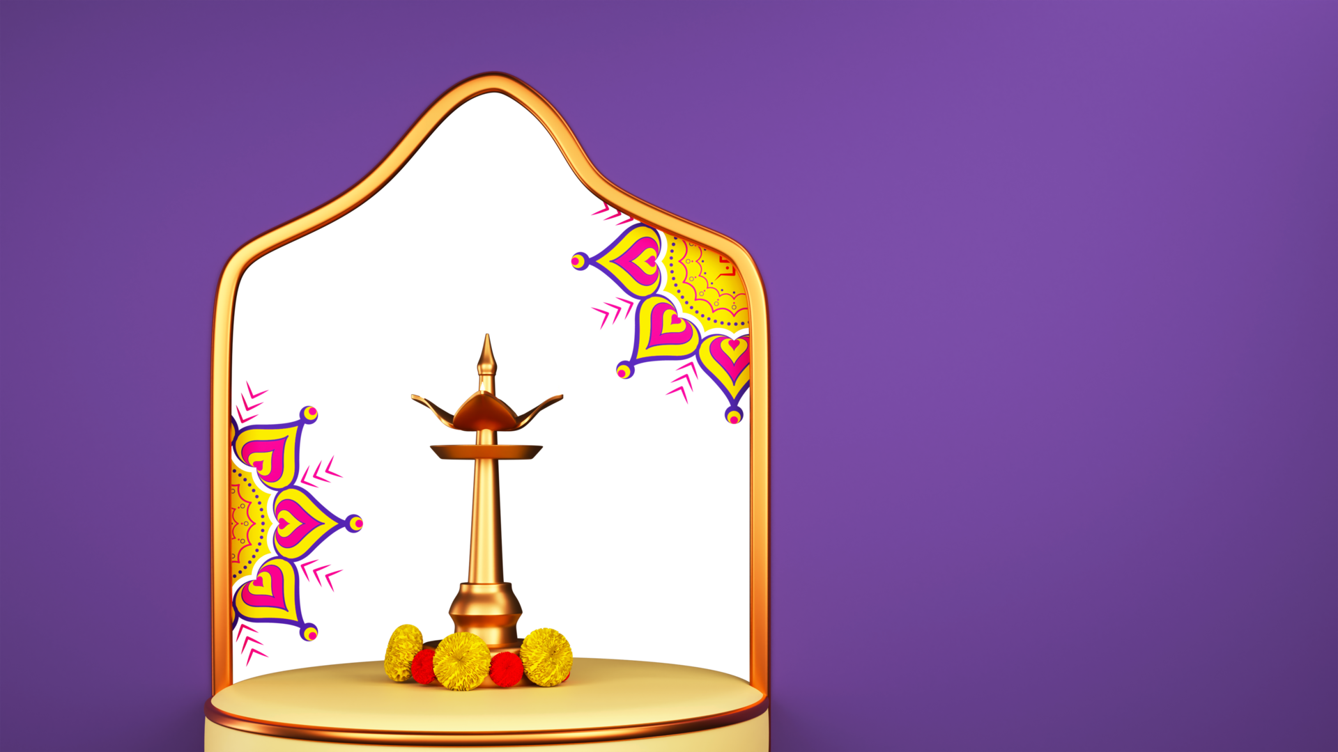 3D Illuminated Brass Oil Lamp Stand With Marigold Flowers In Temple Arch And Copy Space