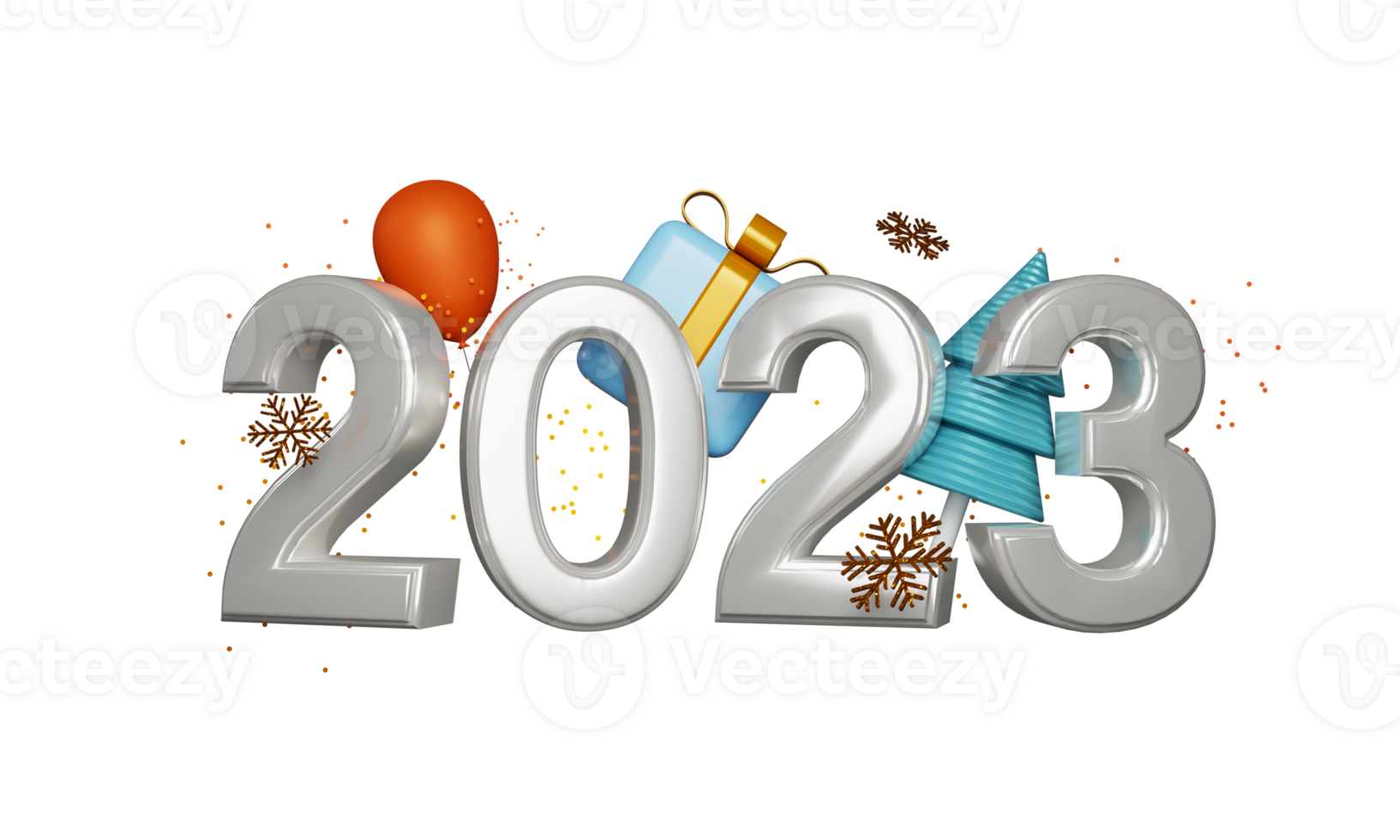3D Silver 2023 Number With Xmas Tree, Gift Box, Balloon And Bronze Glitter Snowflakes Decorated Background. png