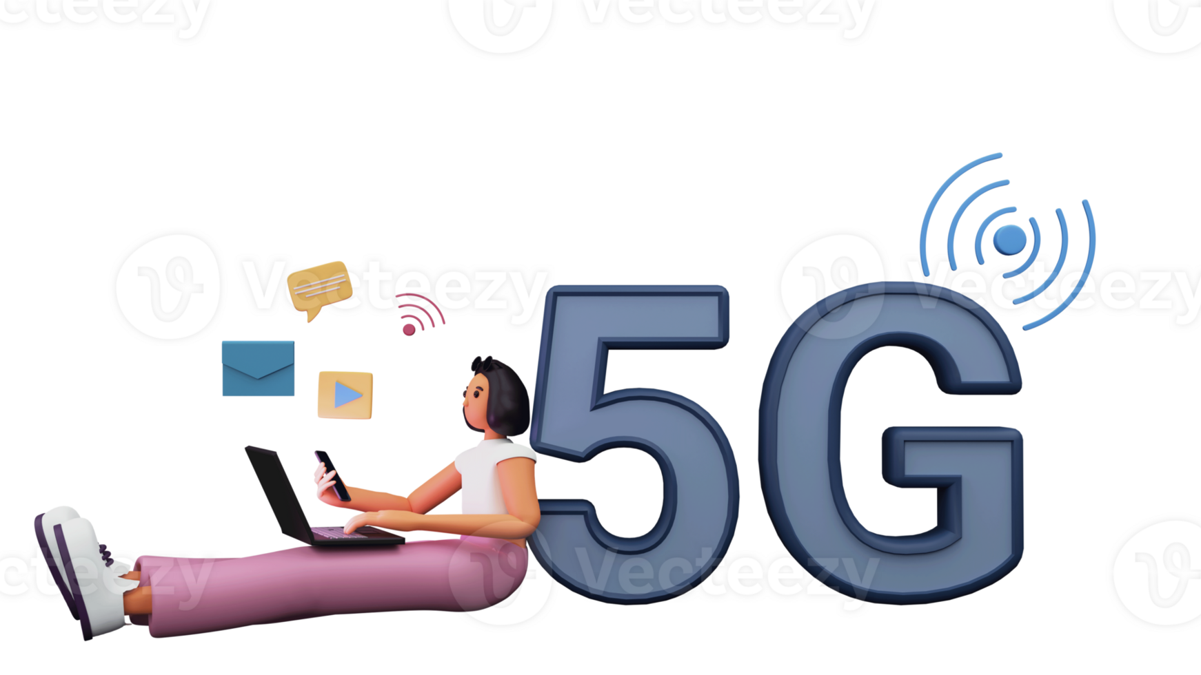 3D Render Of 5G Text With Young Girl Using Social App Through Smartphone And Laptop Against Background. png