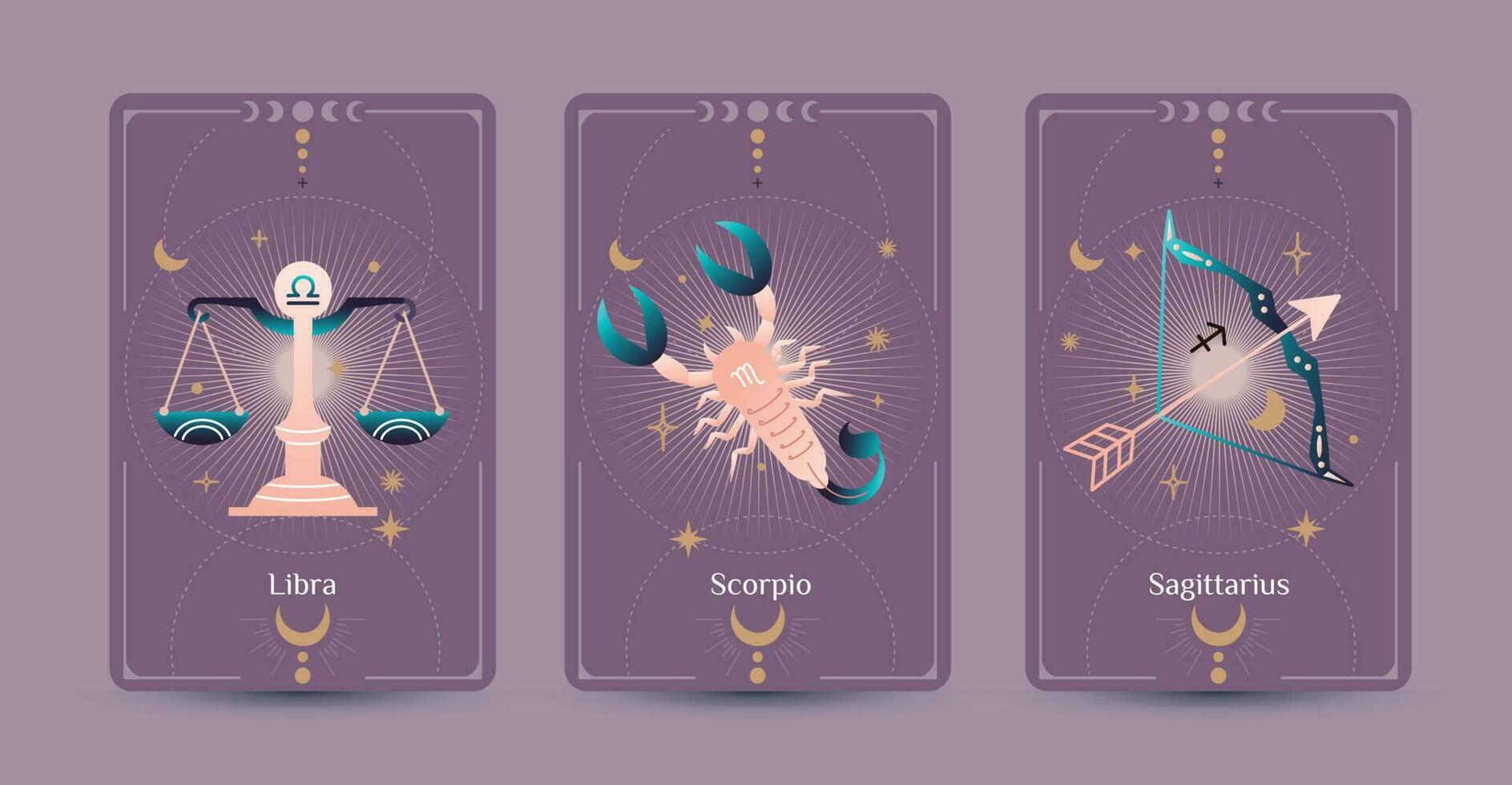 Libra, Escorpión, y Sagitario zodíaco símbolos son mano dibujo estilos rodeado por Luna y estrellas en un púrpura fondo, ajuste para paranormal, tarot lectores, y astrólogos vector