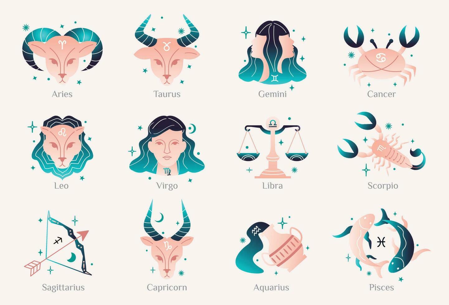 zodíaco astrología horóscopo diseño vector ilustraciones colocar. elegante símbolos y íconos de horóscopos con nombres vector dibujado a mano ilustración