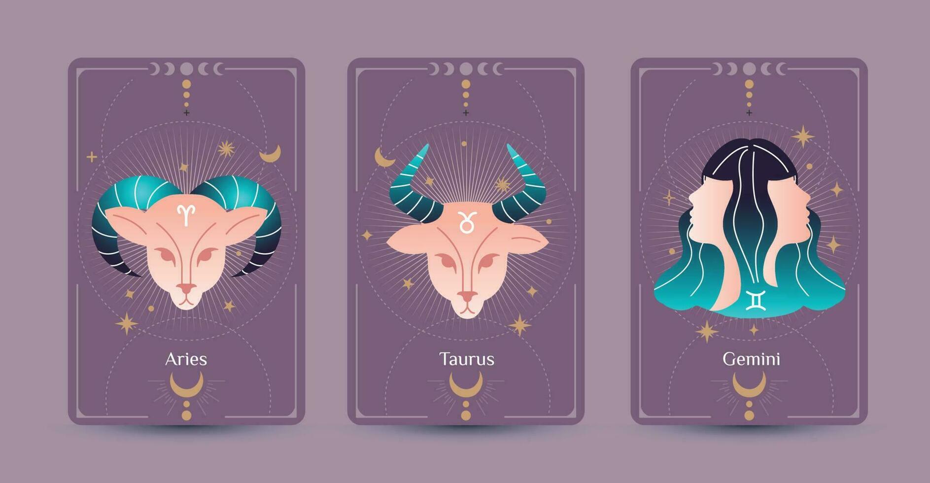 Aries, Tauro, y Geminis zodíaco símbolos son mano dibujo estilos rodeado por Luna y estrellas en un púrpura fondo, ajuste para paranormal, tarot lectores, y astrólogos vector